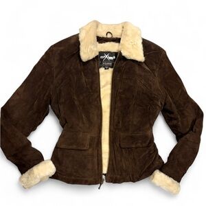 🤎 RARE Maxima Wilsons Y2K Leather Brown Suede Jacket ✨ Cinched Waist | Faux Fur